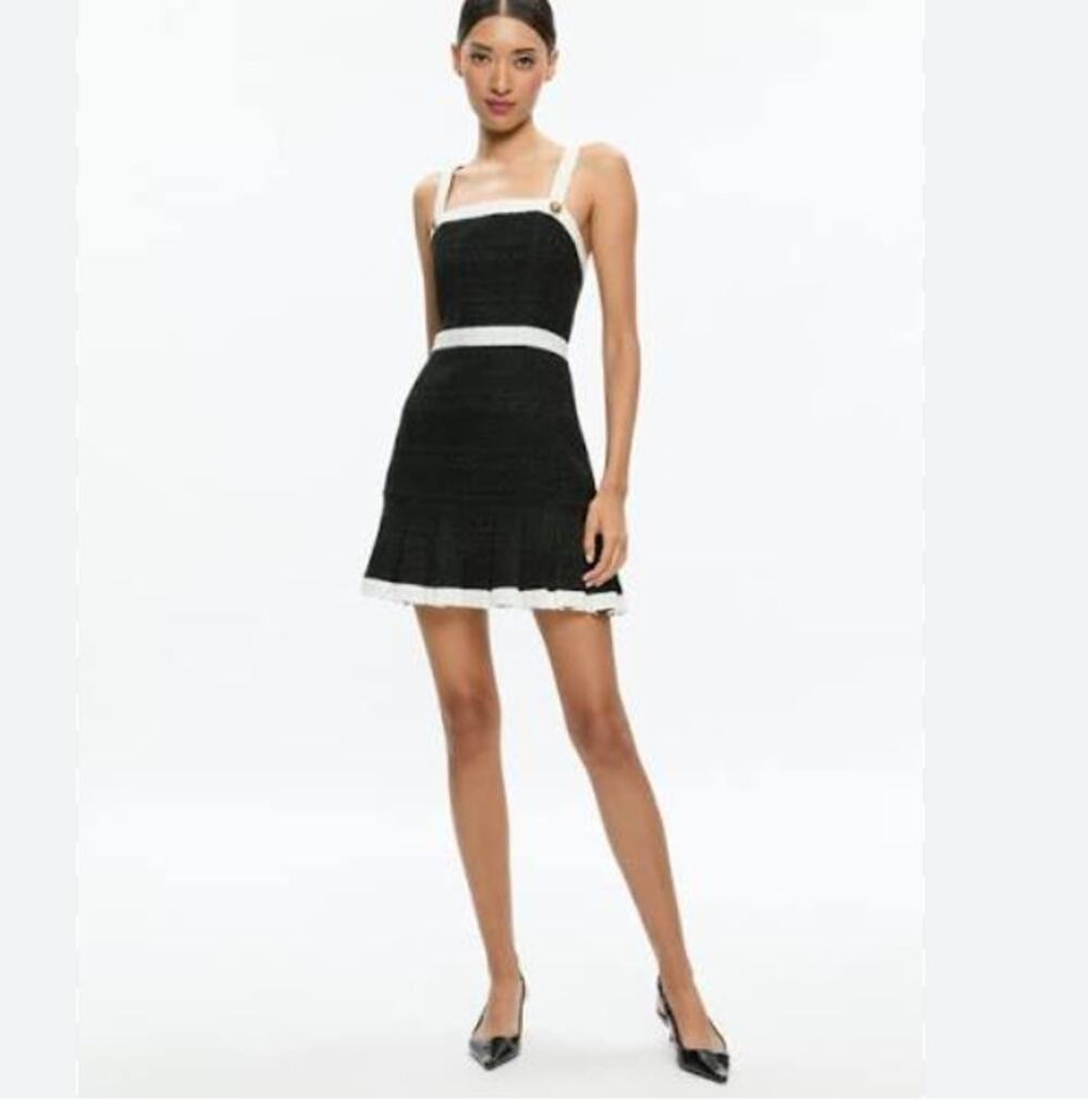 Alice & Olivia Clarine Black Tweed Square Neck Mini Dress Size US 6